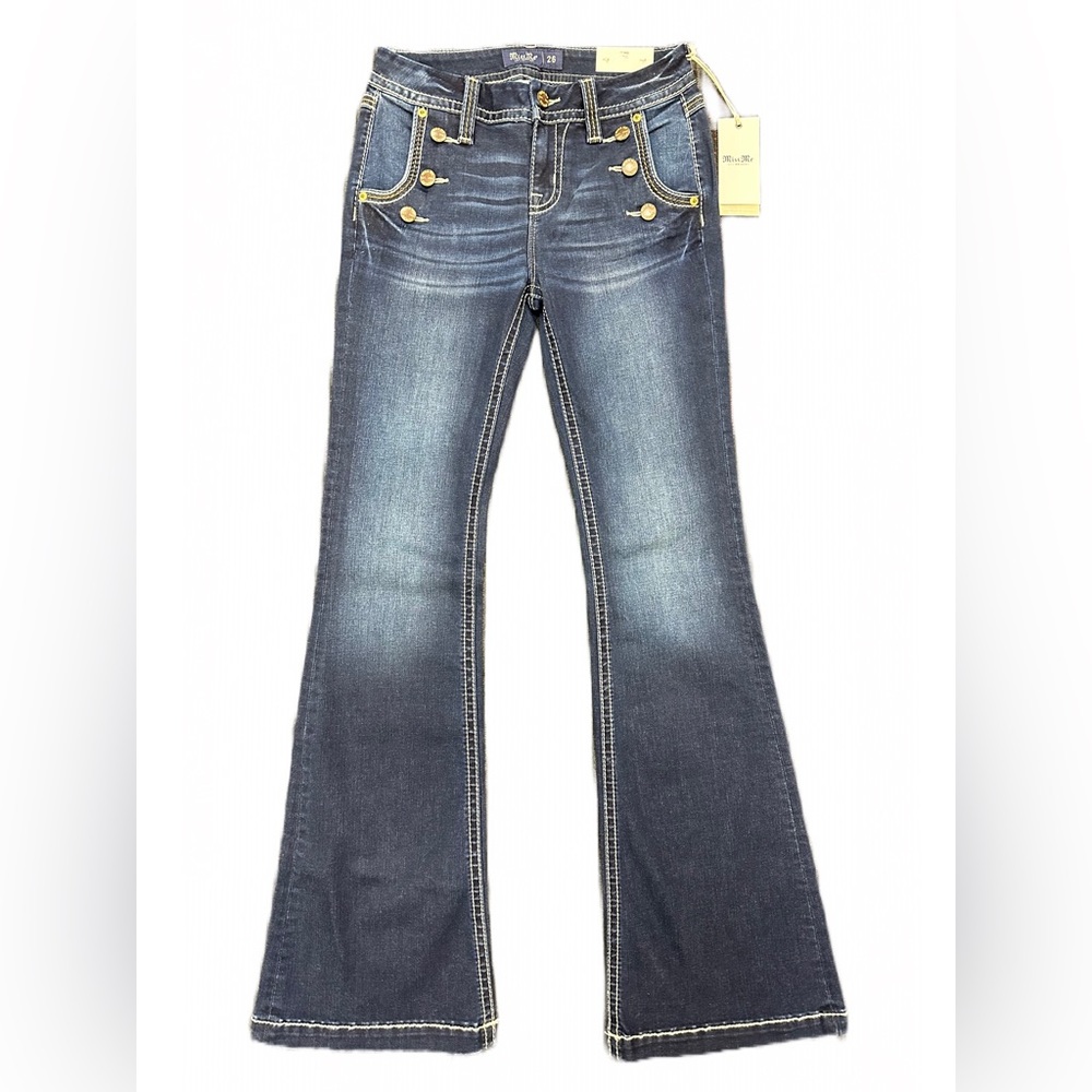 NWT Miss Me Flare Denim Various Sizes Inseam 34 Long Dark Denim Mid Rise